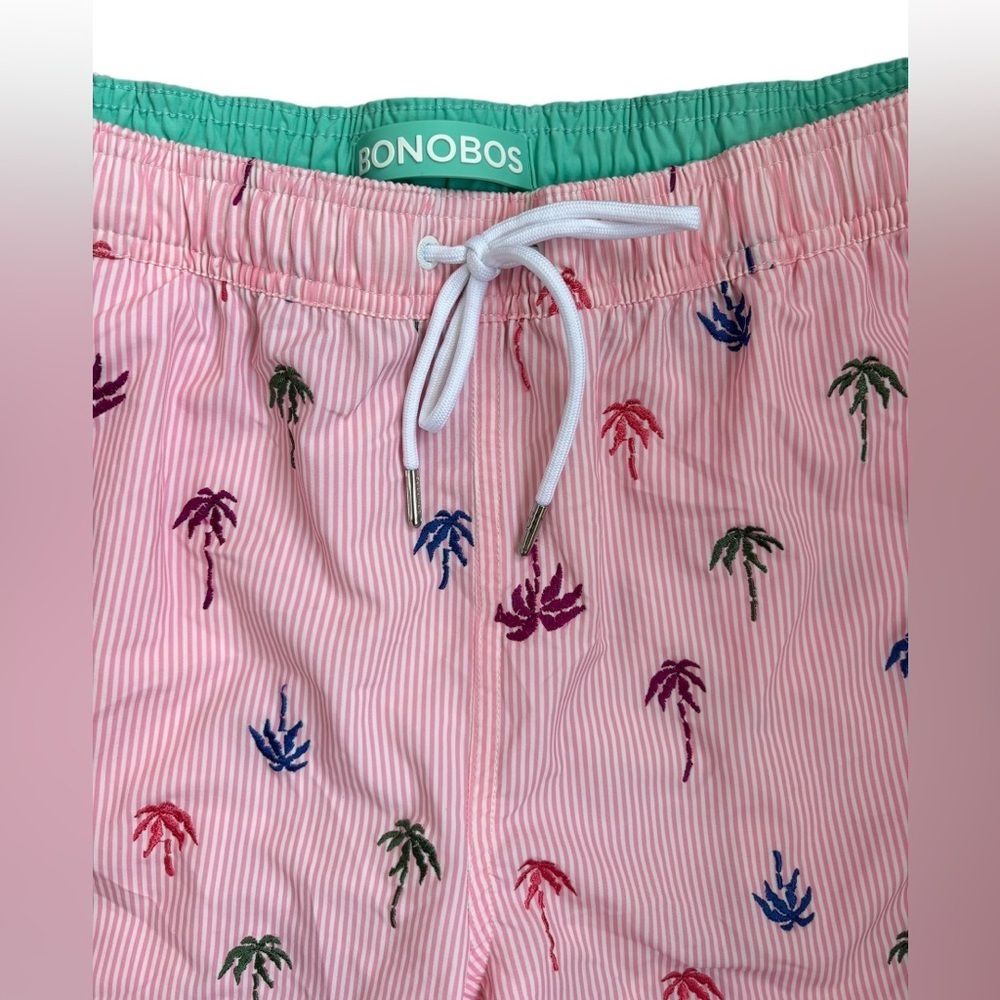 Bonobos Riviera Recycled Swim Trunks Pink Stripes Palm Trees 7” Inseam Size L - Picture 2 of 10